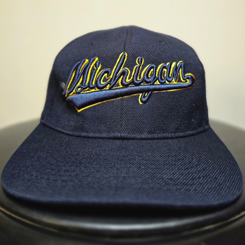Michigan Wolverines Double Line Script Wool Vintage Football Strapback Hat